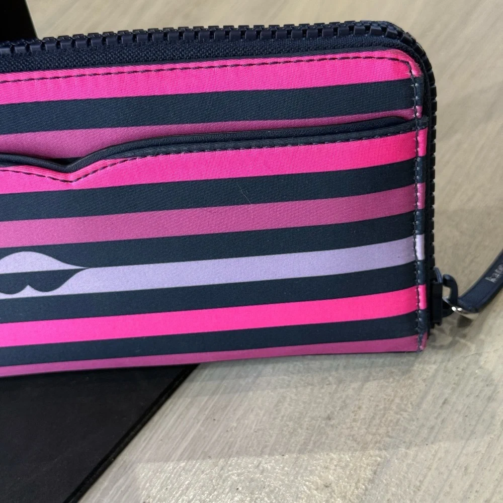 Kate Spade Lips Pink & Purple Striped Zip-Around Wallet-NWOT